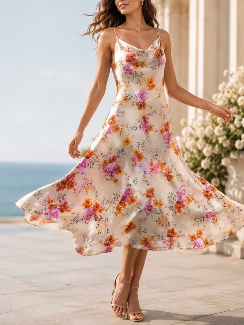 Bebe Floral Slip Dress Cream Pink Orange Midi Dress Satin Look size XL/L NWOT